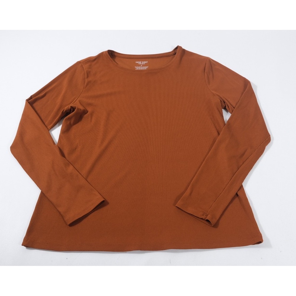 Nine West Top Womens Large Brown Soft Spun Ribbed Knit Long Sleeve Crew Neck